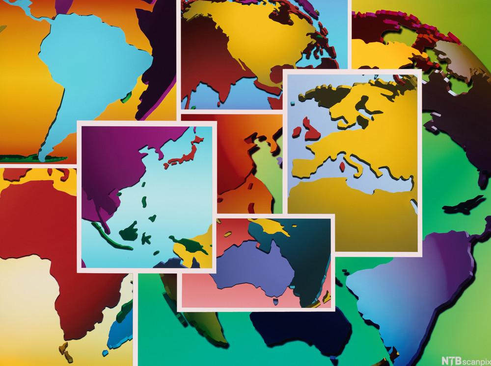 Bilde av flere utsnitt av et verdenskart med mange ulike farger.