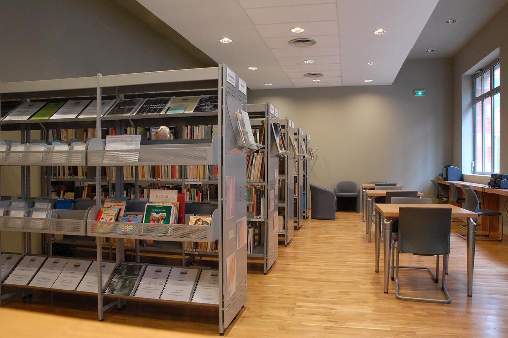 Arkivhyller i et bibliotek. Foto.