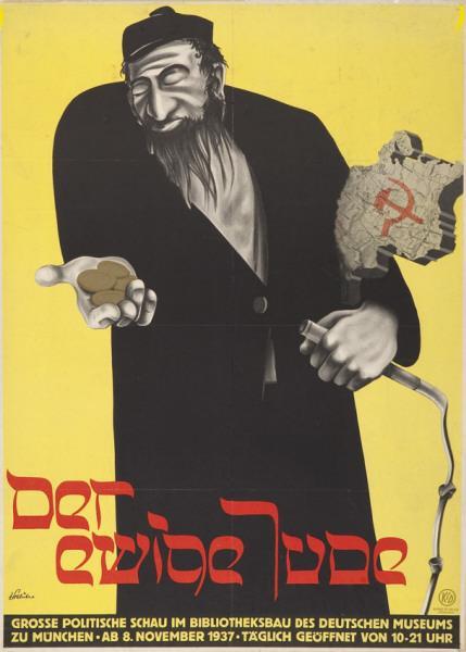 En nasjonalsosialistisk karikatur av en pengegrisk og kommunistisk jøde. Illustrasjon.