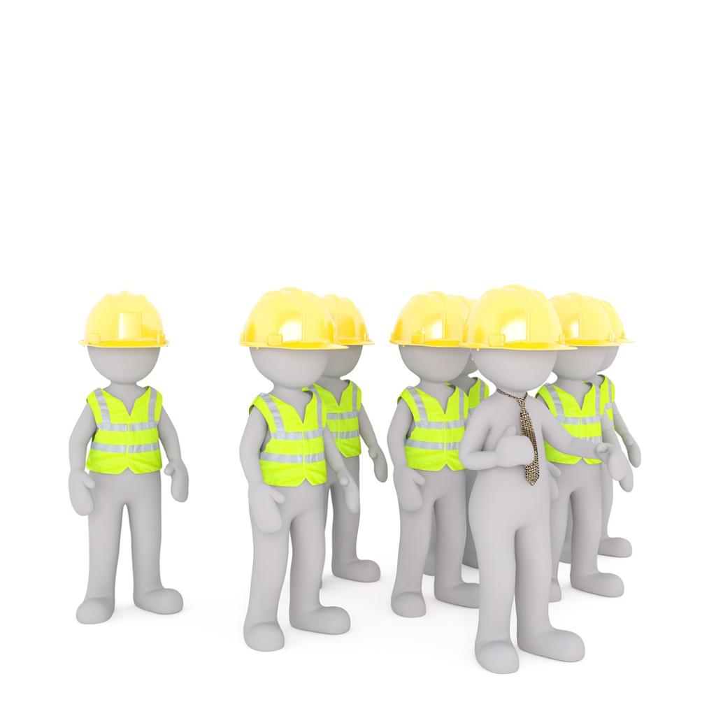 Group of people wearing helmets and yellow vests. Illustration.