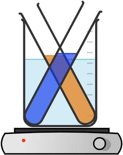 To reagensglass i et begerglass med vann på en kokeplate. Illustrasjon.