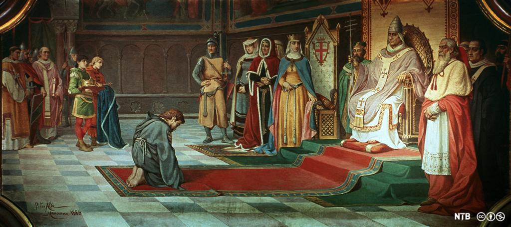 En barbeint mann i enkle klær kneler foran en mann på en trone. Rundt står pent kledde menn og kvinner og ser på. Maleri.