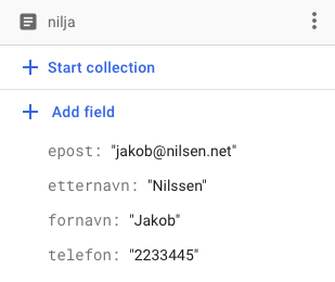 Databasen i Firebase Cloud Firestore viser at etternavnet er endret til Nilssen med to S-er, mens e-posten har Nilsen med bare en S. Skjermbilde.