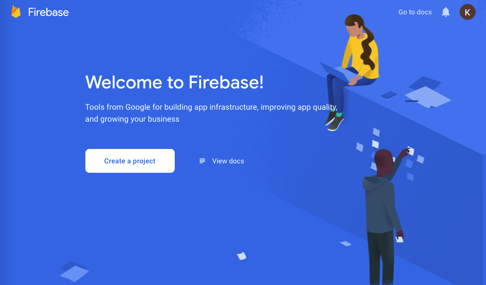 Firebase-konsollen, med overskriften "Welcome to Firebase!". Skjermbilde.