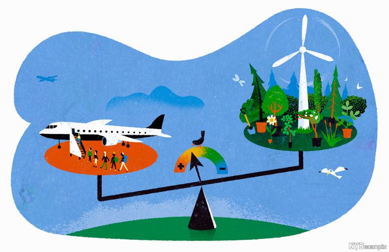 Vekt med to skåler. På den ene vektskåla, som er rød og symboliserer forbruk, ser vi folk på vei om bord på et fly. På den andre vektskåla, som er grønn og symboliserer bærekraft, ser vi planter og en vindmølle. Skåla med flyet er tyngst. Illustrasjon.