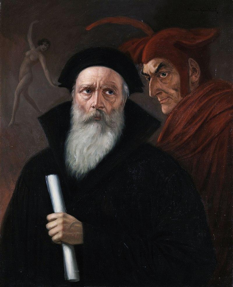 Faust med et pergament i hånda og djevelen som lurer bak ham kledd i rødt. Maleri.