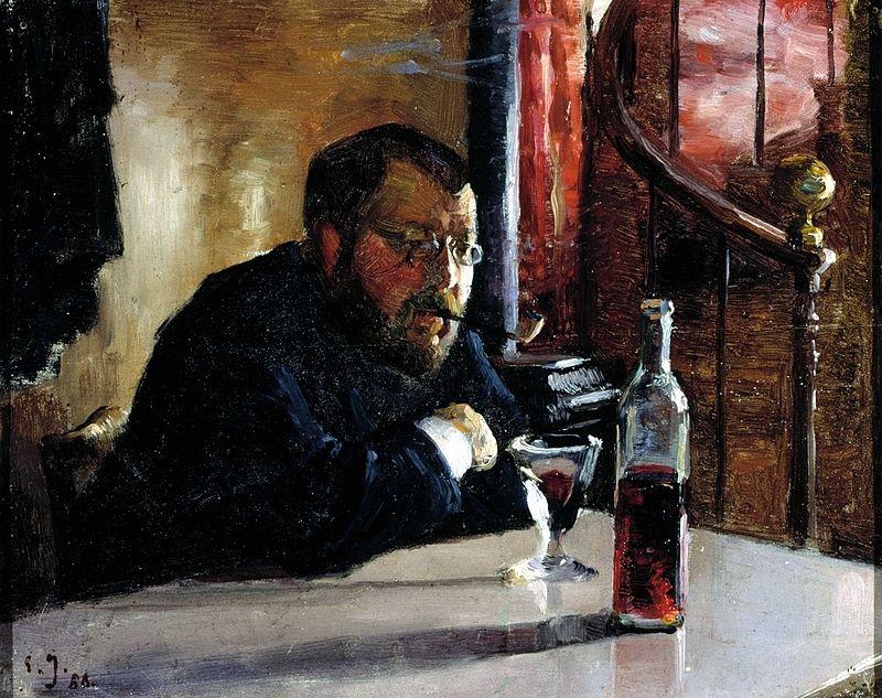 Mann med briller sitter lent mot et bord med ei flaske brennevin. Maleri.