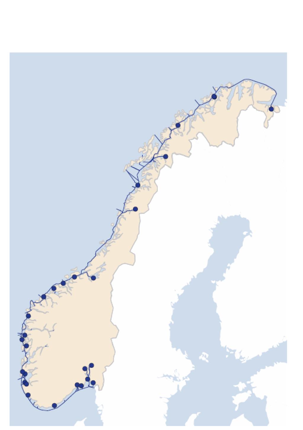 Kart over Norge og Norskekysten viser stamnettet til sjøs. illustrasjon.