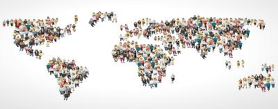 Mennesker står i grupper som ser ut som jordas kontinenter. Illustrasjon