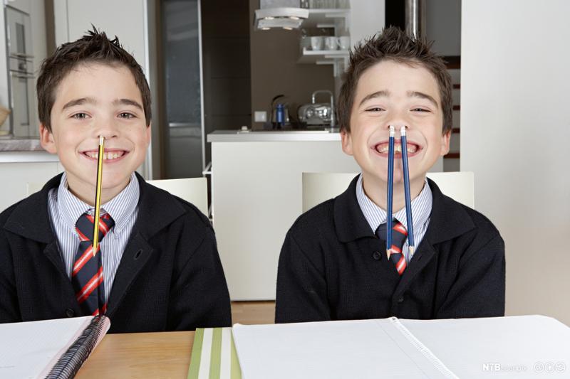 Eneggede tvillinger i skoleuniform gjør lekser. Foto