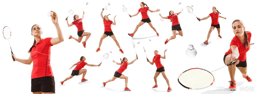 Ung kvinne demonstrerer teknikkøvelser i badminton. Foto.