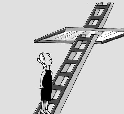 Illustration: A woman is standing in a ladder. Her way up the ladder is blocked by what looks like a window. 