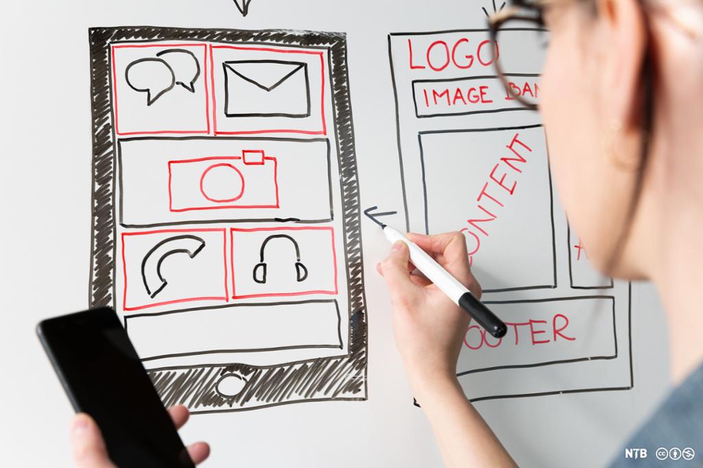Foto av person foran ei tavle som skisserer en app med ikoner for chat, melding, foto, telefon og høretelefoner. 