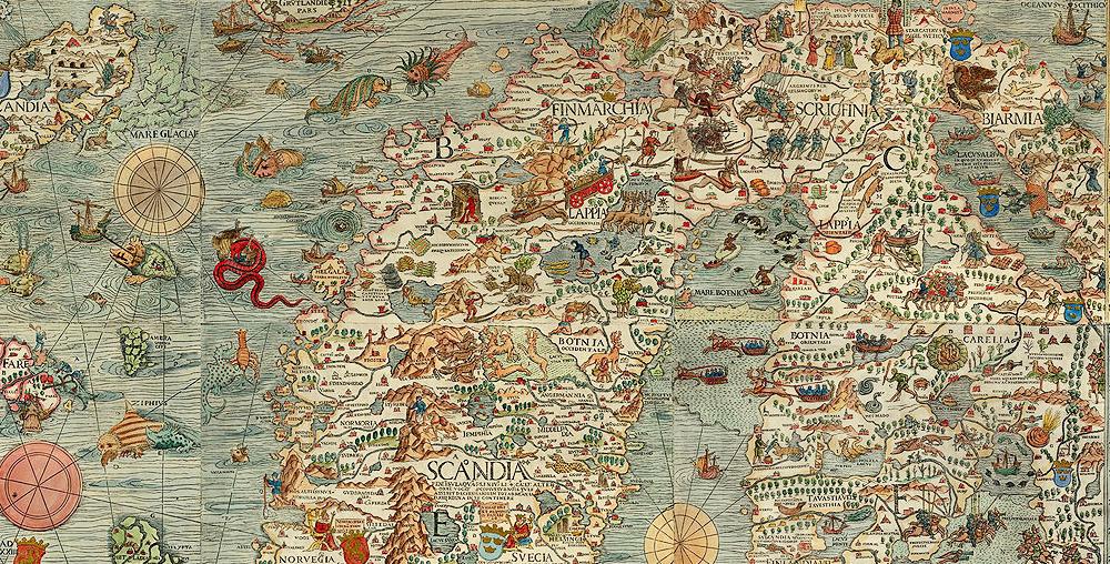 Utdrag fra Carta Marina- historisk kart. Tegning.