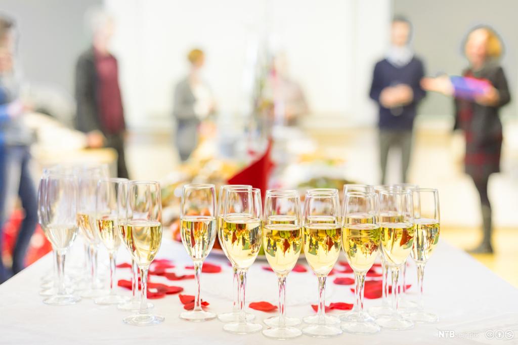 Konferanse med hvitvinsglass i forgrunn. Foto.