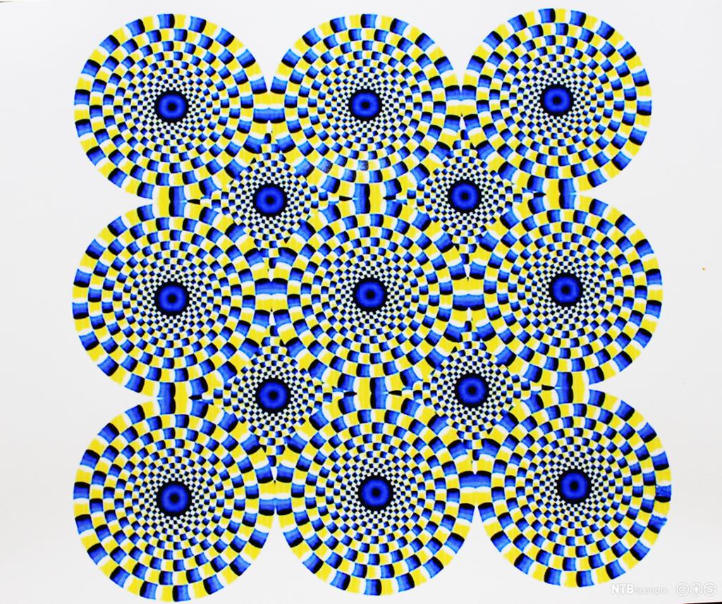 Optisk illusjon. Fargerike sirkler som ser ut som de roterer, men som egentlig står stille. Datagrafikk.