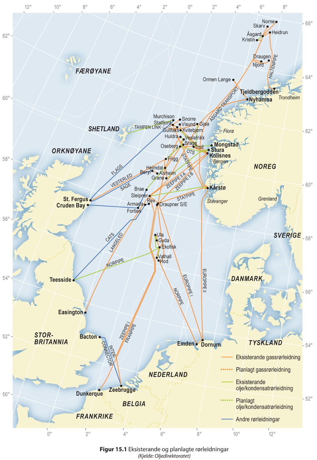 Kart med oversikt over rørledninger i Nordsjøen. foto.