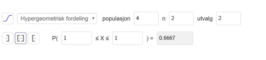 Bilde av sannsynlighetskalkulatoren i GeoGebra. Det er valgt «Hypergeometrisk fordeling» med populasjon lik 4, n lik 2 og utvalg lik 2. Svaret er gitt som P parentes 1 mindre enn eller lik X mindre enn eller lik 1 parentes slutt er lik 0,6667. 