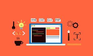 Illustrasjon av laptop med symboler for koding: html, css,php. Foto.
