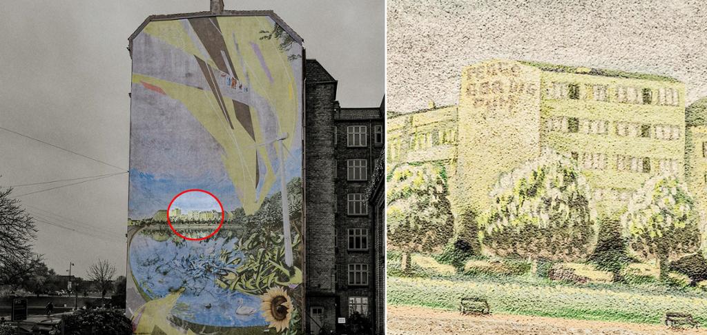 Kollasj fra muralen "Green City" som viser avbildet tekst "peace gør dig dum". Foto.
