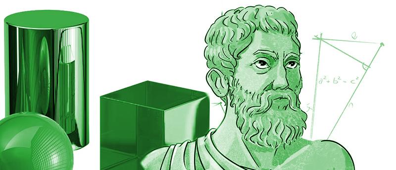 Ei kjegle, ei kule, en sylinder, en kube, en tegning som skal forestille Pytagoras og en trekantfigur som viser Pytagoras' setning. Illustrasjon.