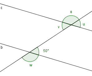 To parallelle linjer b og c krysses av ei tredje linje. Den spisse vinkelen mellom linja b og linja som krysser, er 50 grader. Den andre vinkelen har navnet w. De spisse vinklene mellom linja c og linja som krysser, kalles u og v. Én av de andre vinklene kalles alfa. Illustrasjon.