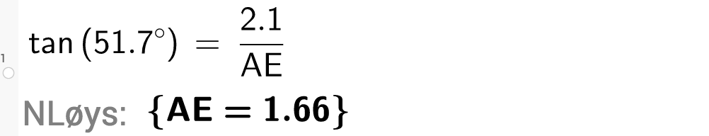 tangens til 51 komma 7 grader er lik 2 komma 1 over AE