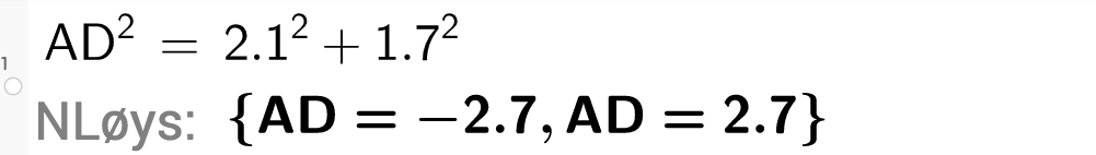 AD i andre er lik 2 komma 1 i andre pluss 1 komma 7 i andre