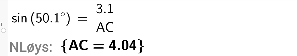 sinus til 50 komma 1 grader er lik 3 komma 1 dividert på AC