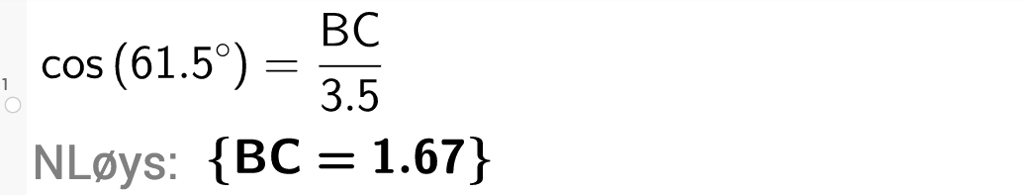 Cosinus til 61 komma 5 grader er lik BC dividert på 3 komma 5