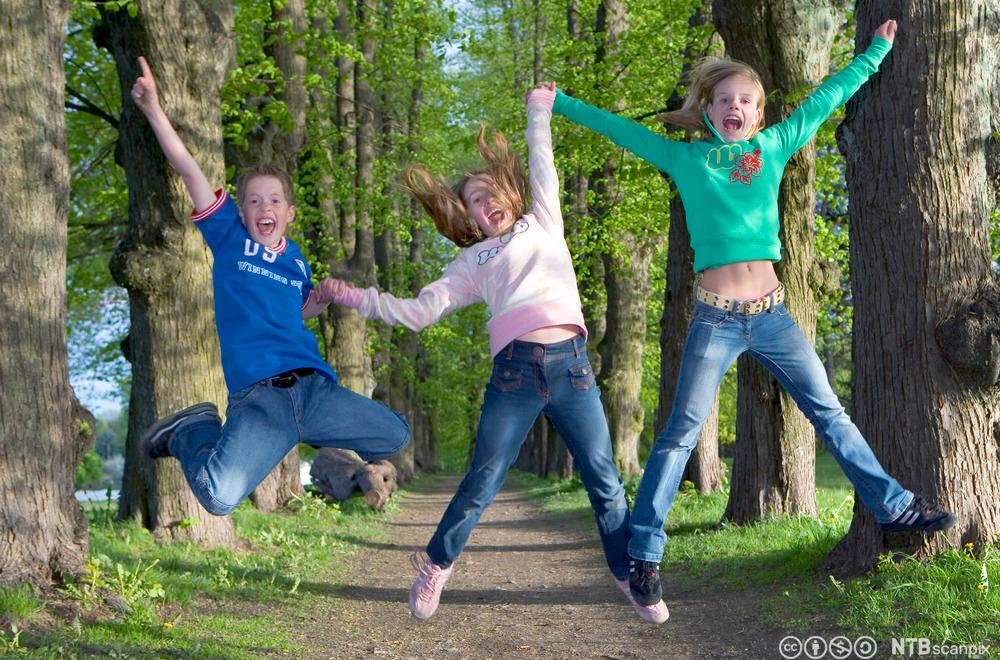 Tre glade barn som hoppar på ein skogssti. Foto.