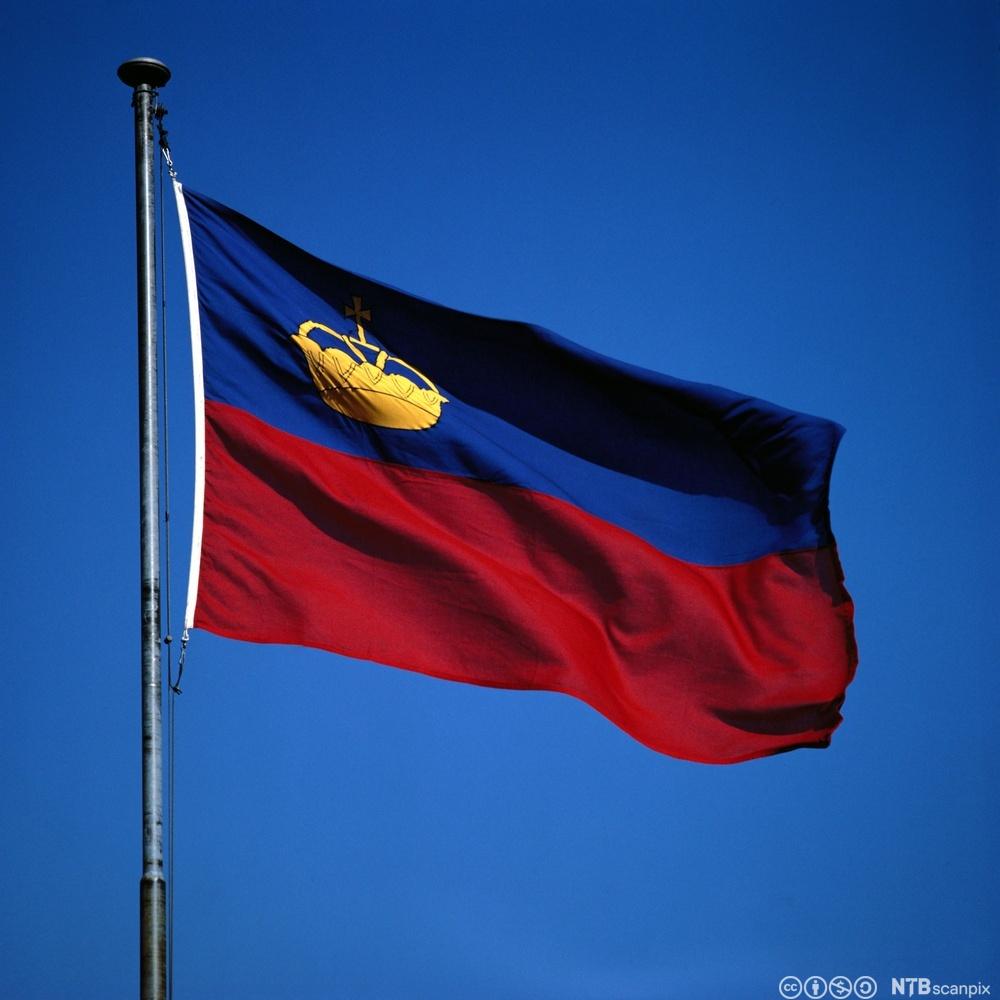 Bilde som viser det liechtensteinske flagget i mørkeblått og mørkerødt, med fyrstekronen i øvre venstre del av flagget