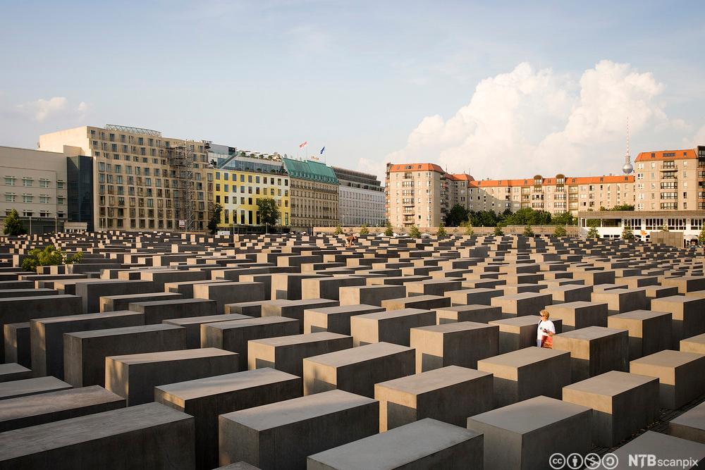 Oversiktsbilete over Holocaust-monumentet i Berlin. Tunge, firkanta minnesteinar i betong på rekke og rad fordelte over ein stor plass. Foto.