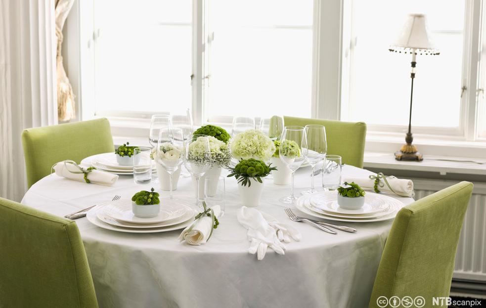 Et elegant oppdekket bord med hvit duk og grønne stoler. Foto.