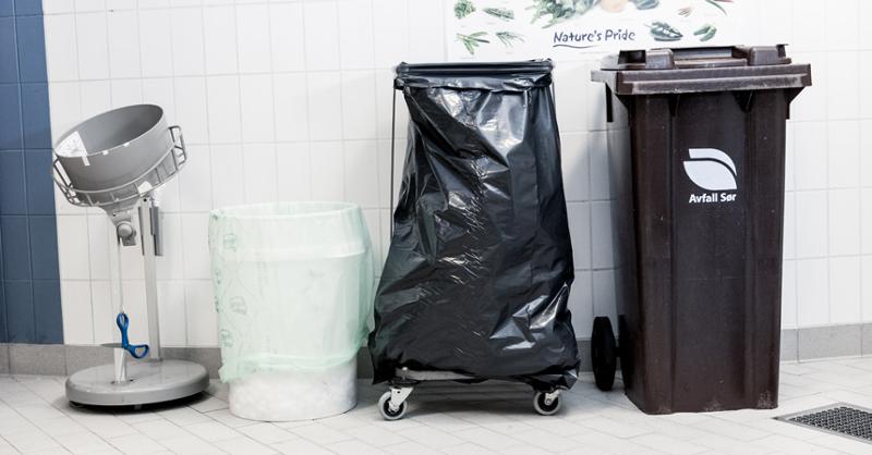 Forskjellige søppeldunker på et kjøkken. Foto.
