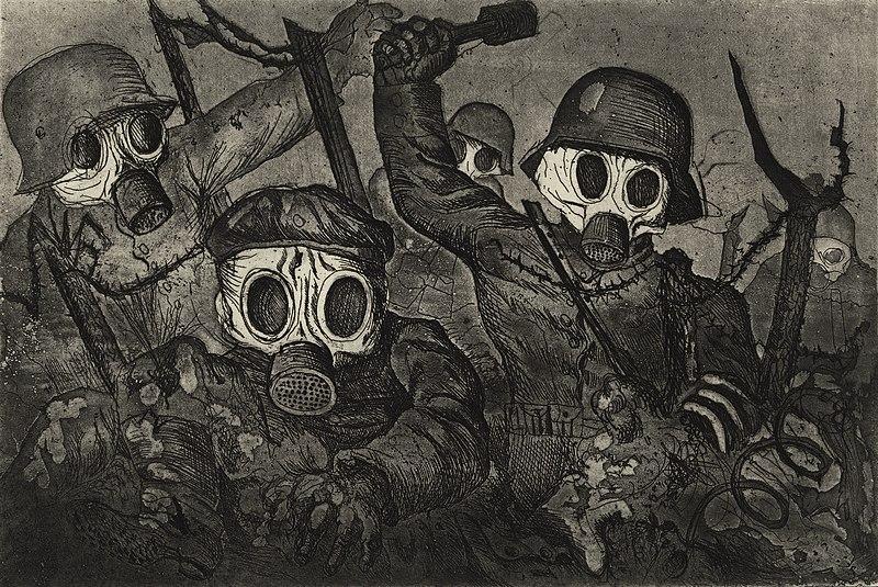 Etching / Aquatint: We see men in uniform wearing gas masks and helmets. The colours are grey and white. 