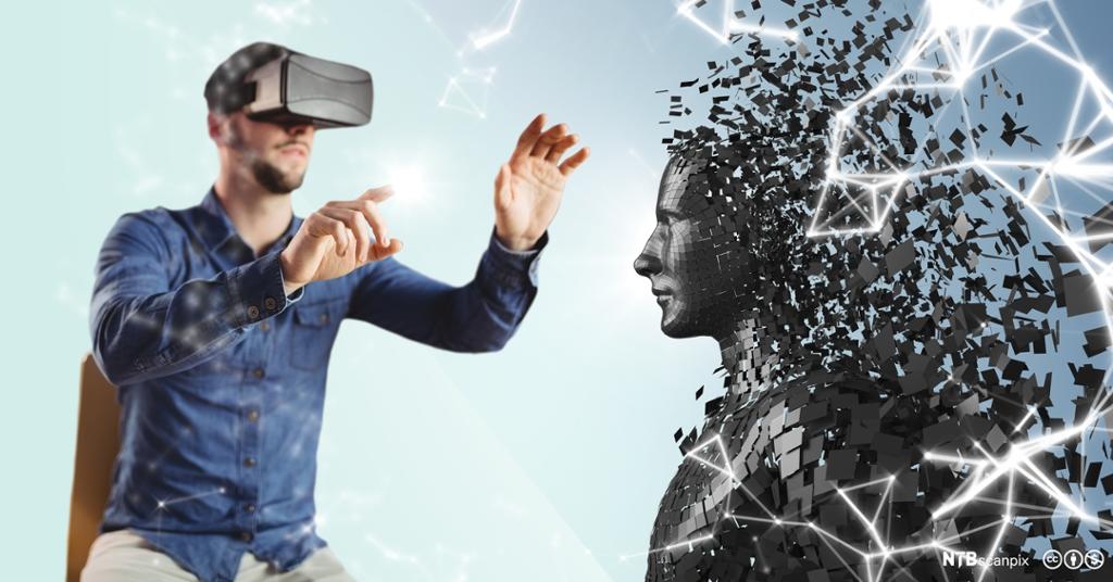 En mann med VR-briller ser en person som kommer fram fra en sky av svarte piksler. Illustrasjon. 