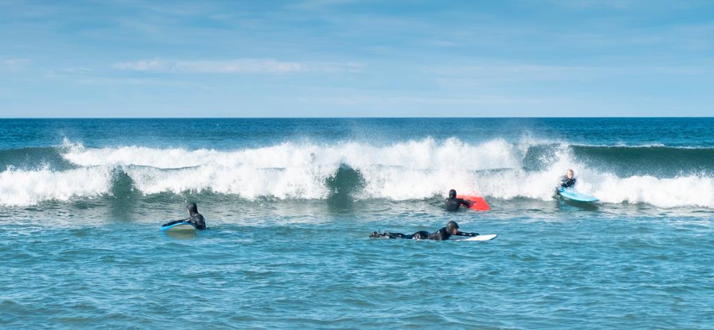Surfere ligger i vannet og venter på en passe bølge. Blå himmel og hvite skumtopper. Foto.