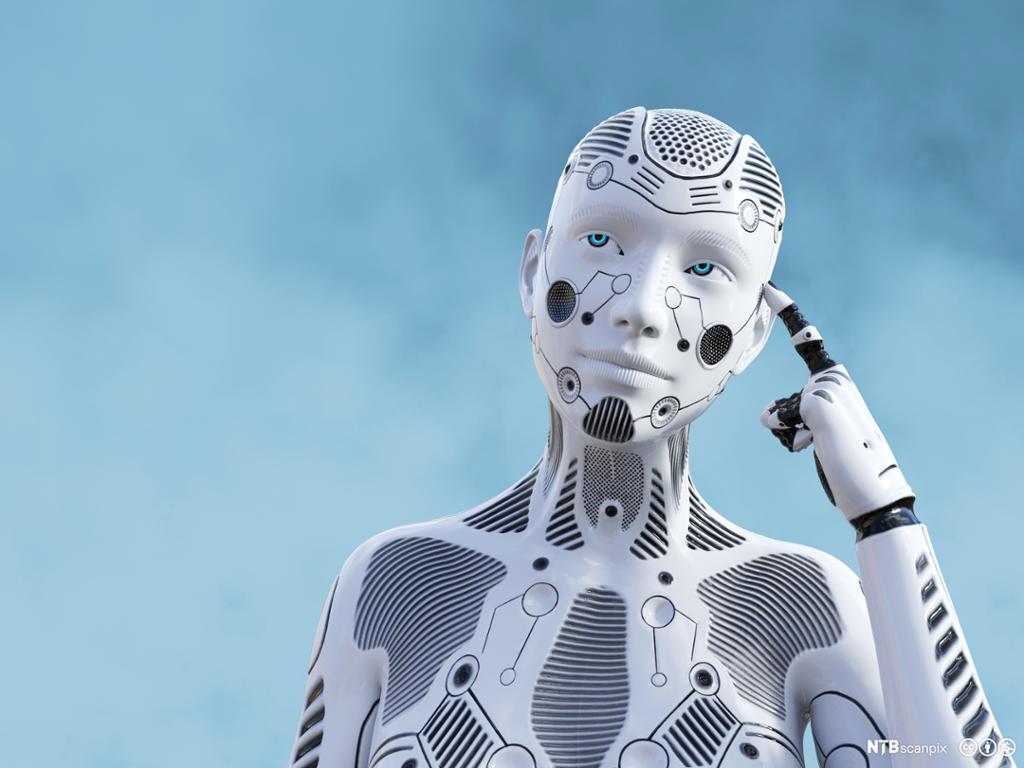 En kvinnelig robot med fingeren mot hodet, ser ut som tenker. Illustrasjon.
