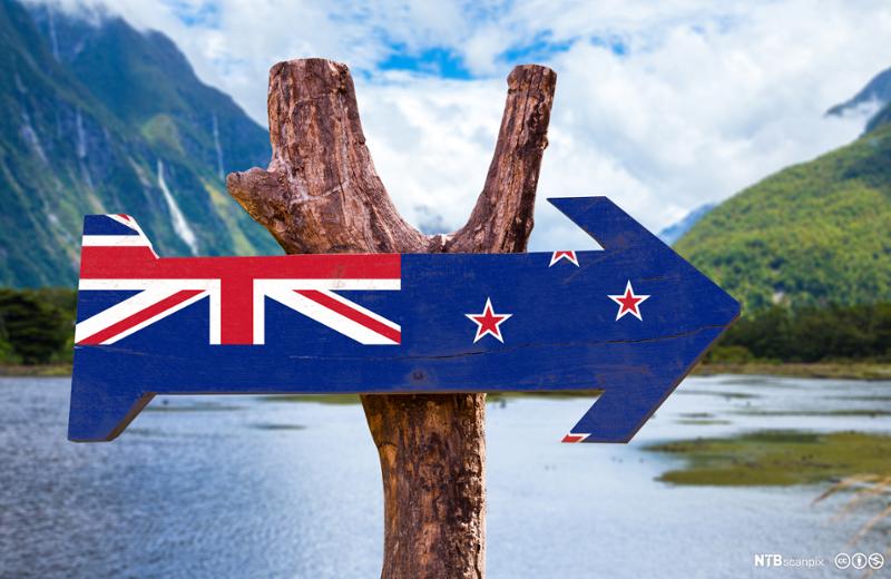 New Zealand Flag wooden sign with mountains in the background.