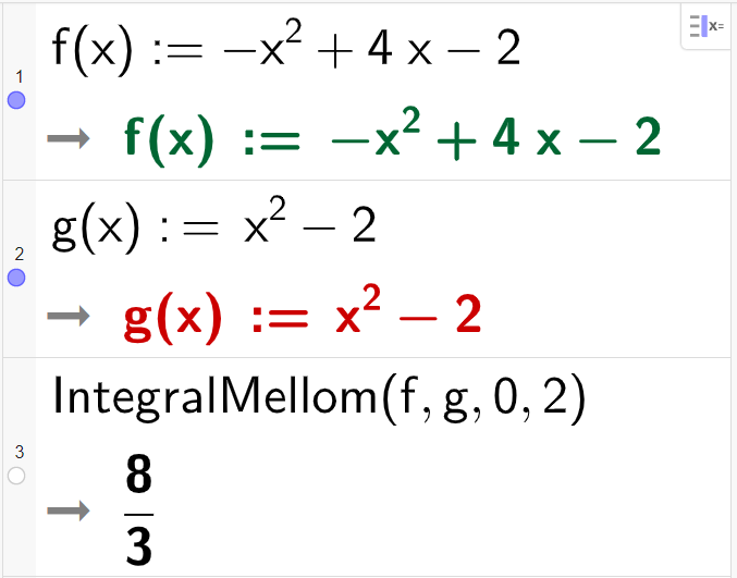 Beregning i CAS, tre linjer. I linje 1 står det f av x kolon er lik minus x i andre pluss 4 x minus 2. Svaret er det samme. I linje 2 står det g av x kolon er lik x i andre minus 2. Svaret er det samme. I linje 3 står det IntegralMellom parentes f komma g komma 0 komma 2 parentes slutt. Resultatet er 8 delt på 3. Skjermutklipp.