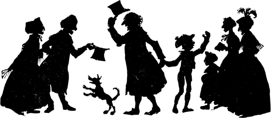Silhouettes of people in Victorian clothing. At the centre is an old man with a top hat, and a boy with a cap. We also see a happy dog, three women, a child, and another man with a top hat. 