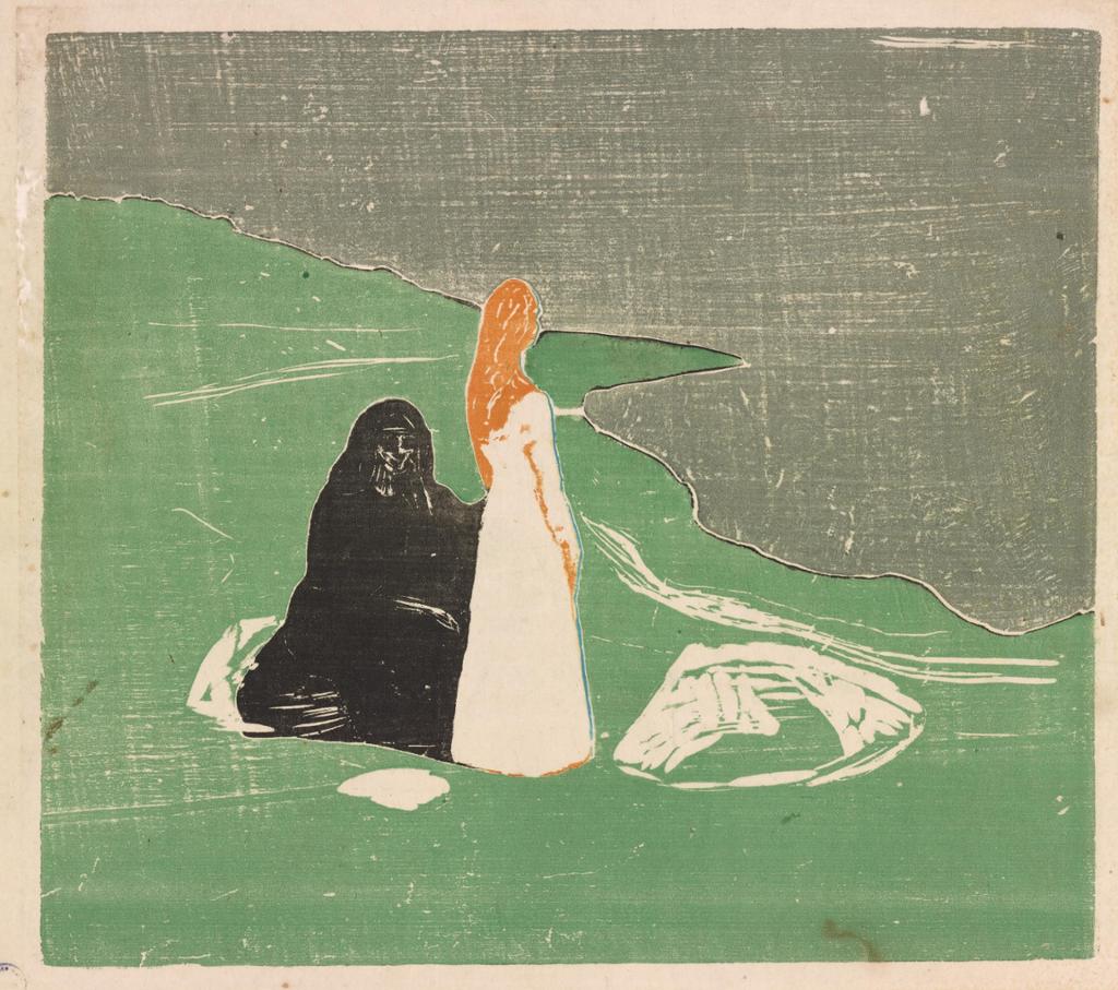 En kvinne i svarte klær og med svart hår sitter. Ved siden av står en hvitkledd kvinne med rødoransje hår oppreist. Bakken er grønn, sjøen grå. Illustrasjon.