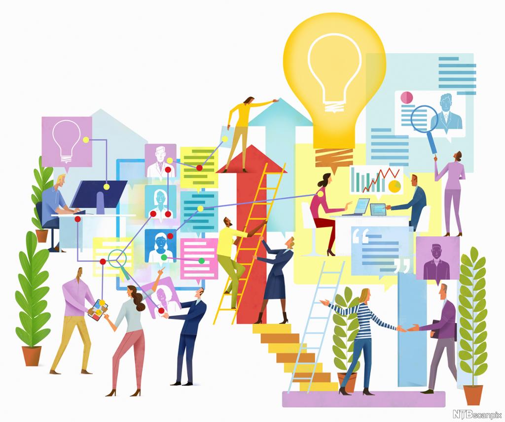 Illustration: We see figures of people working, talking, sharing their work, and so on. Some are climbing ladders. There are big arrows pointing up, and a giant lightbulb.