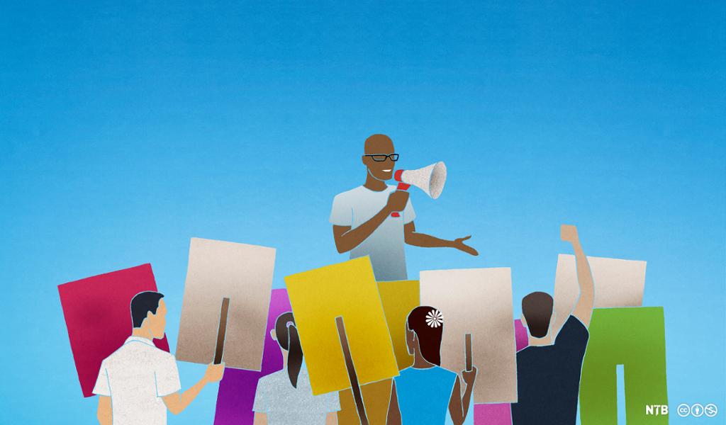 Illustration: A man holds a loud hailer. He appears to be speaking to a group of people who are participating in a protest. They are holding up posters in different colours.
