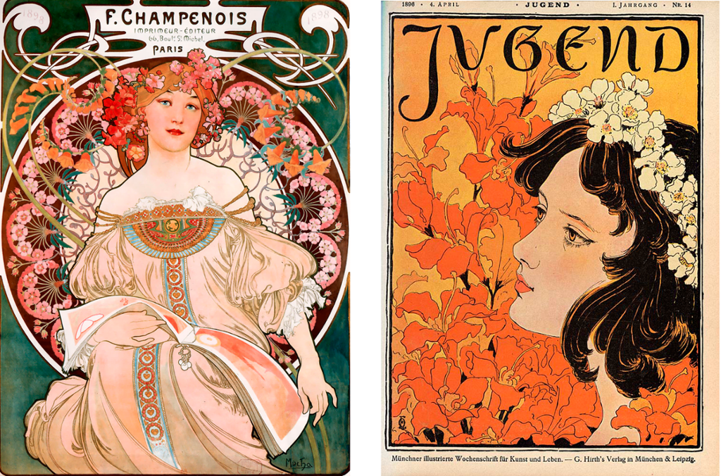 To plakater i jugendstil. Illustrasjoner.