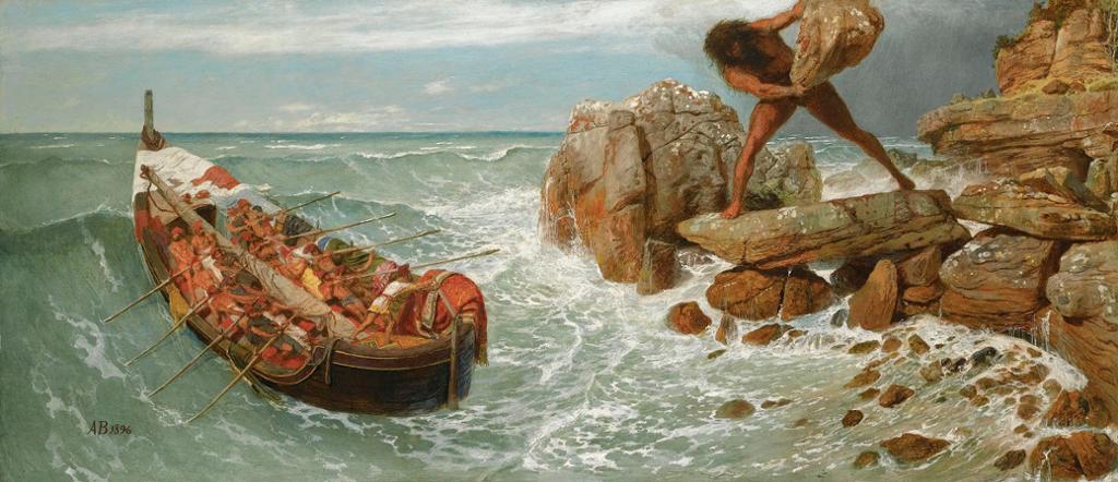 Ei kjempe står på ei øy og skal til å kaste en diger stein på en båt med greske krigere i. Maleri.