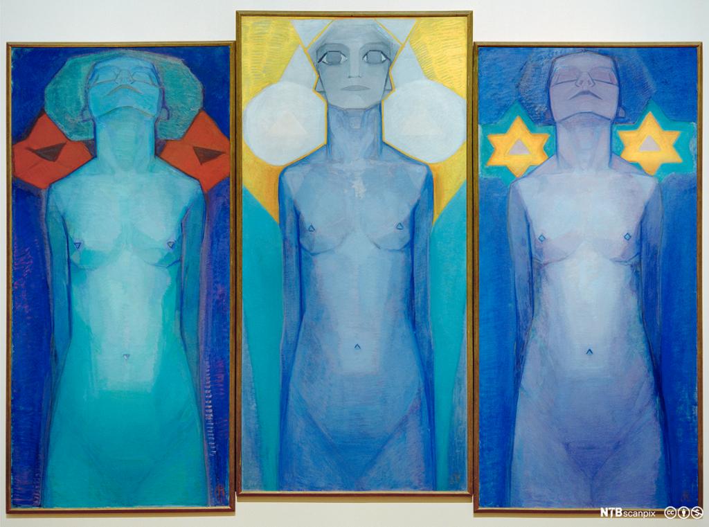 Et tredelt maleri som viser tre blå menneskefigurer. Foto.
