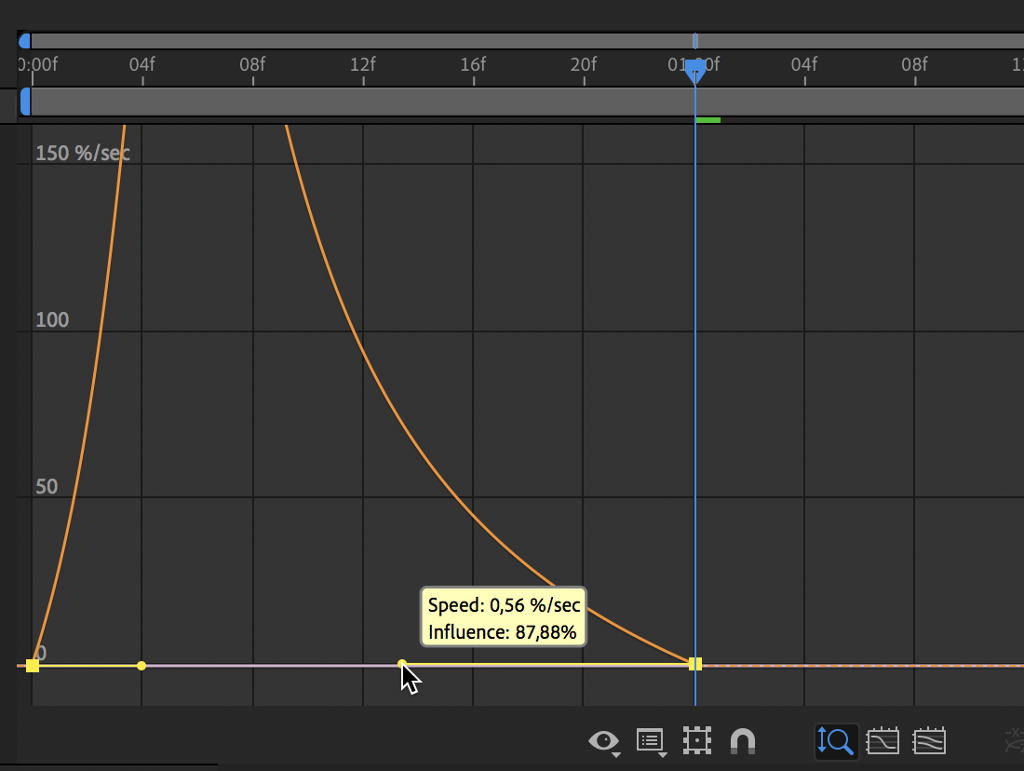 Arbeidsvindauge i After Effects med ein graf som går brått oppover og deretter går langt rolegare i ein svak boge nedover. Skjermutklipp.