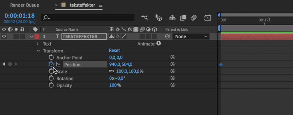 Arbeidsvindu i After Effects. Stoppeklokkeikonet er valgt, og en keyframe har dukket opp på tidslinja. En keyframe ser ut som en liten prikk på tidslinja. Skjermutklipp.